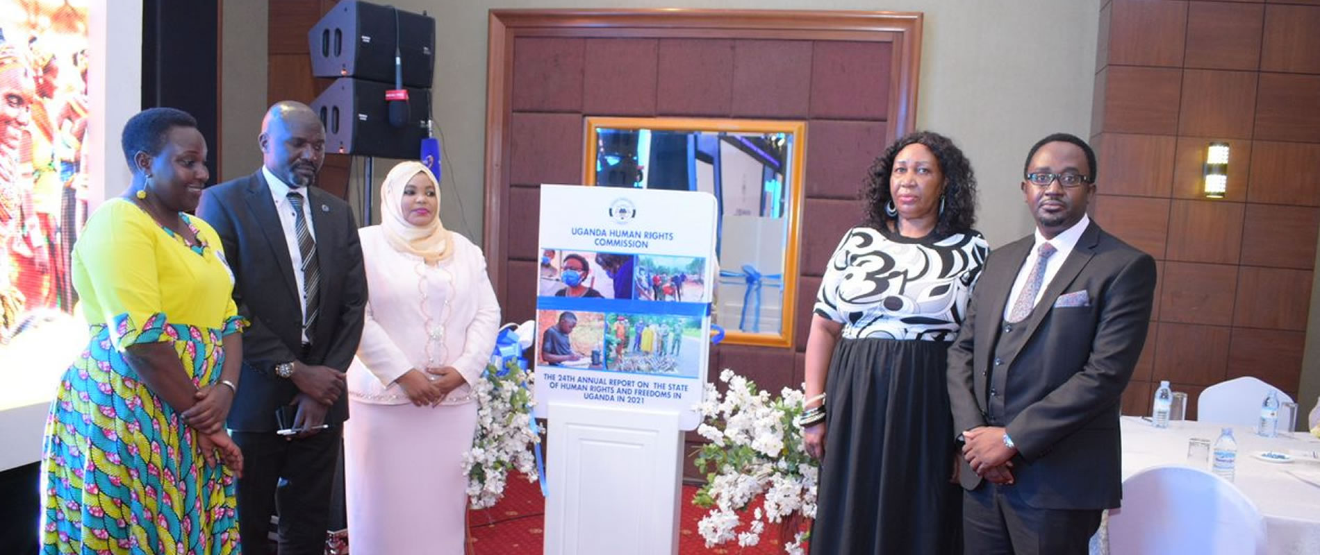 The Chairperson UHRC Mariam Wangadya and members of the Commission after the launch of the 24th Annual Report on the state of Rights and freedoms in Uganda in 2021.